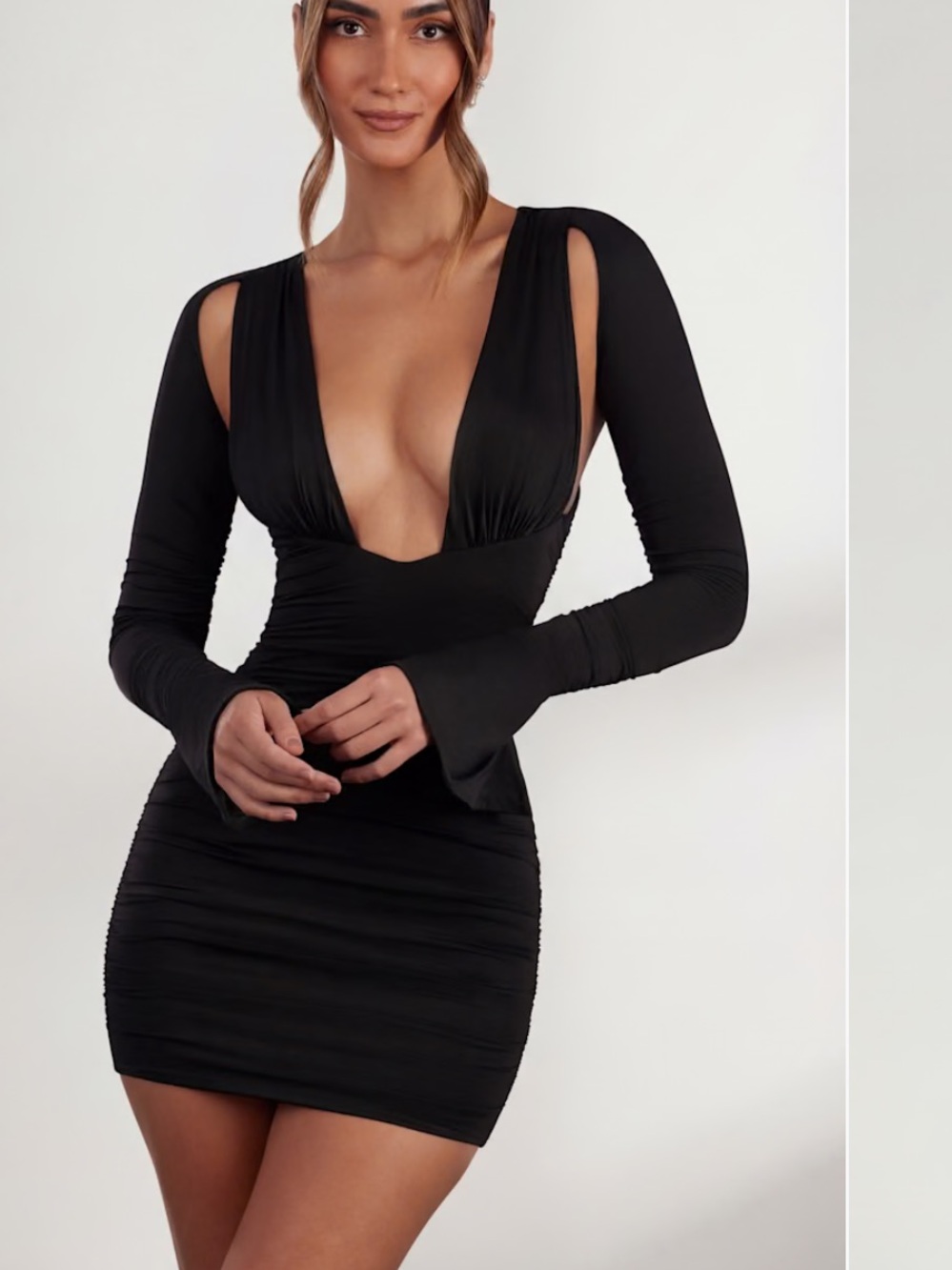 Oh Polly Low Plunge Ruched Mini Dress in Black
